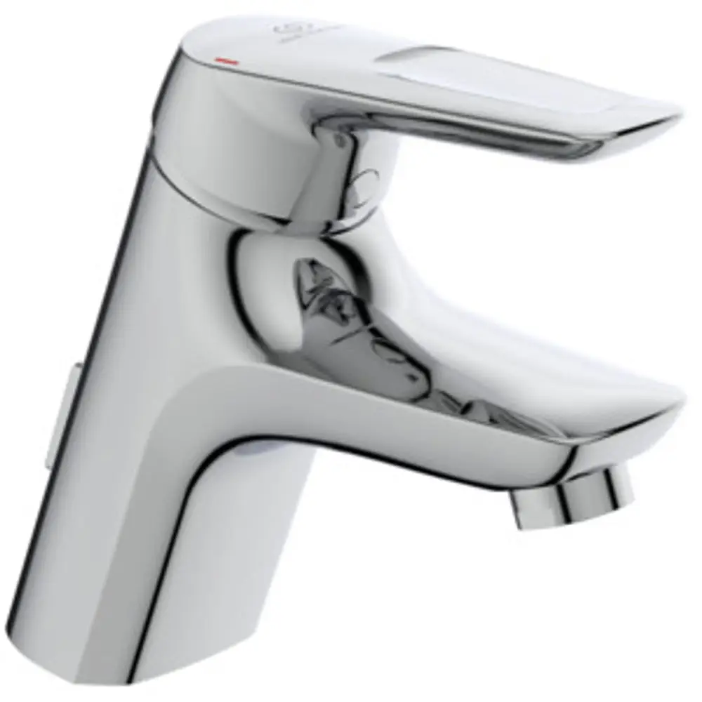 Waschtischarmatur von Ideal Standard in Chrom. Sie hat einen schlichten, modernen Entwurf mit einem Hebel zum Regulieren des Wasserflusses.